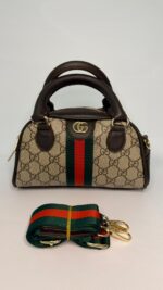 GG Monogram Şerit Detaylı Mini El & Omuz Çantası – Kahverengi